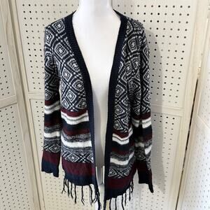 Woven Heart Open Front‎ Geometric Knit Cardigan Fringe Hem Large